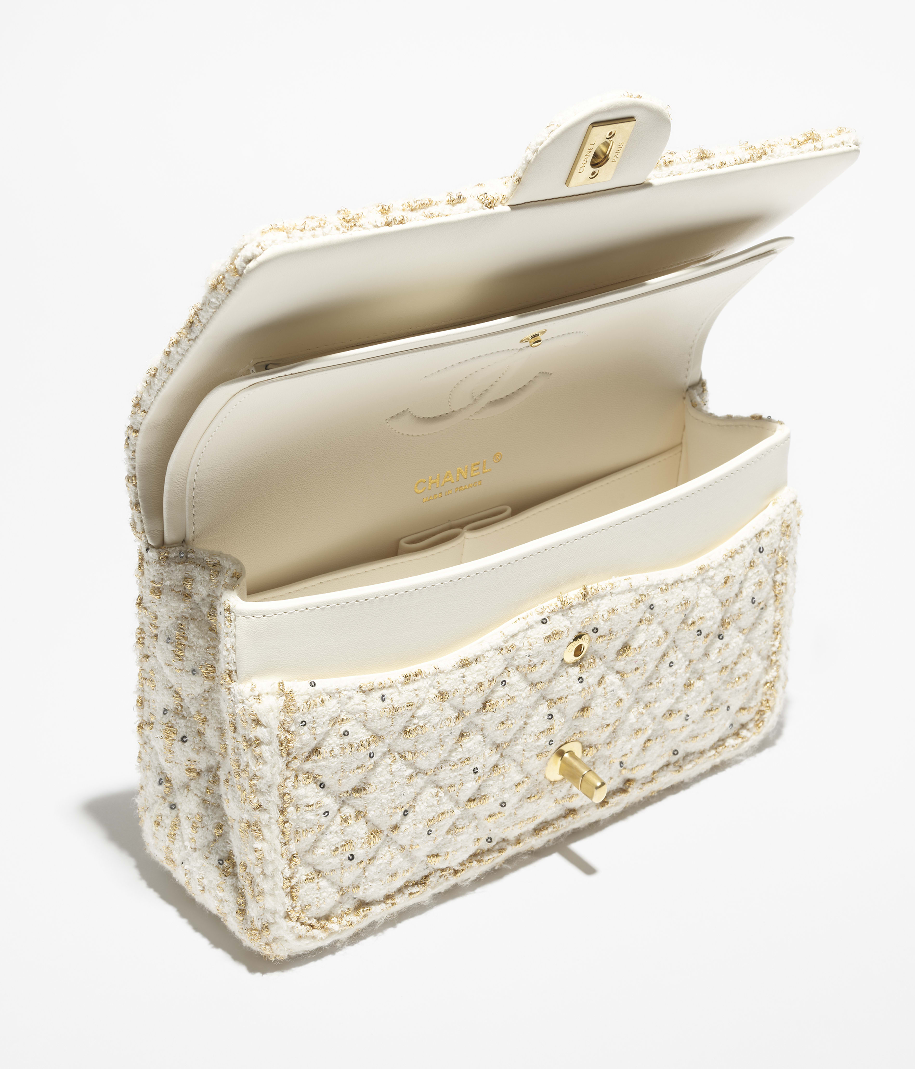 11.12 クラシック ハンドバッグ、ツイード、エクリュ & ゴールド