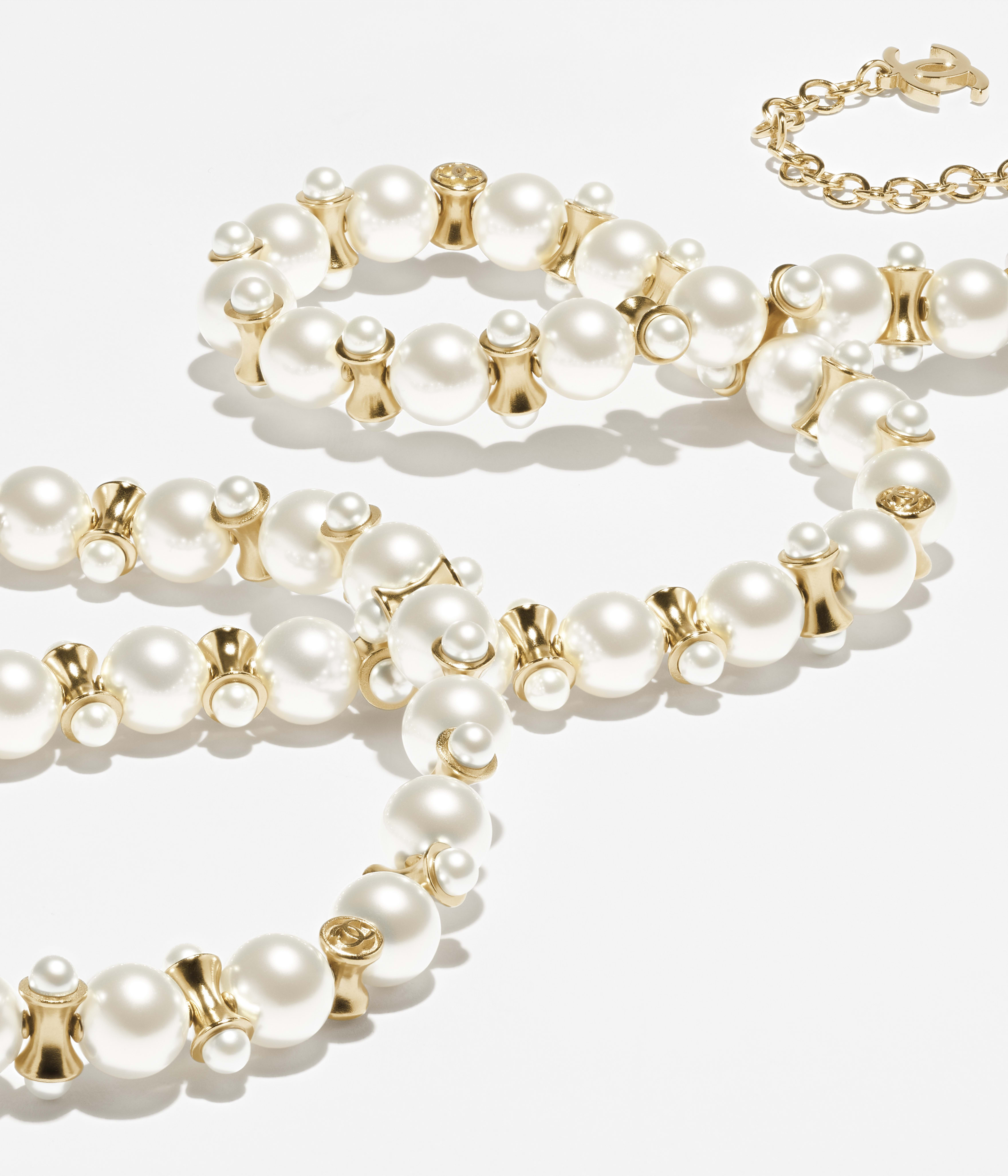 チェーンベルト - メタル & コスチューム パール、ゴールド & ホワイト