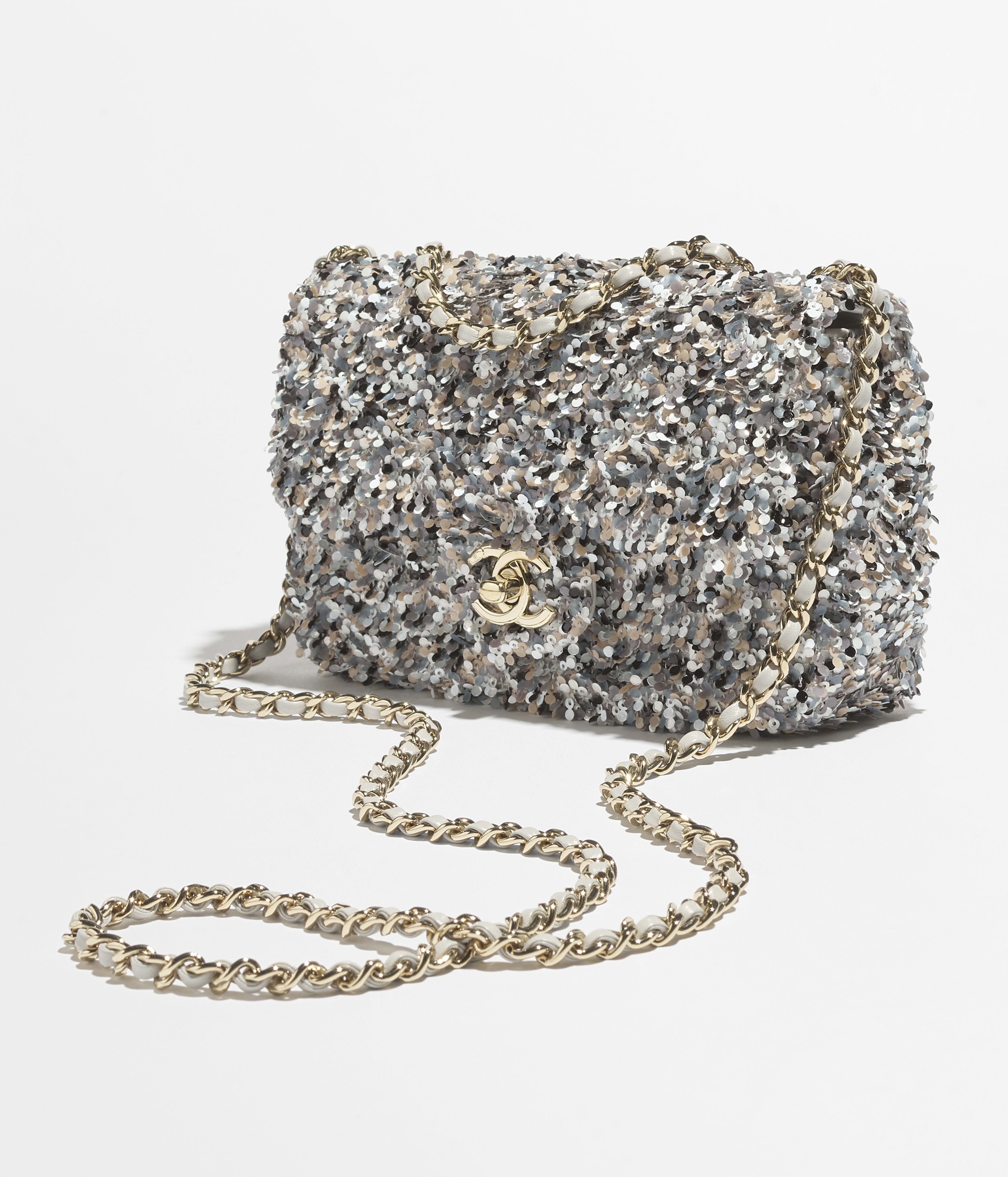 ミニ フラップ バッグ、スパンコール、グレー、ブラック、ホワイト