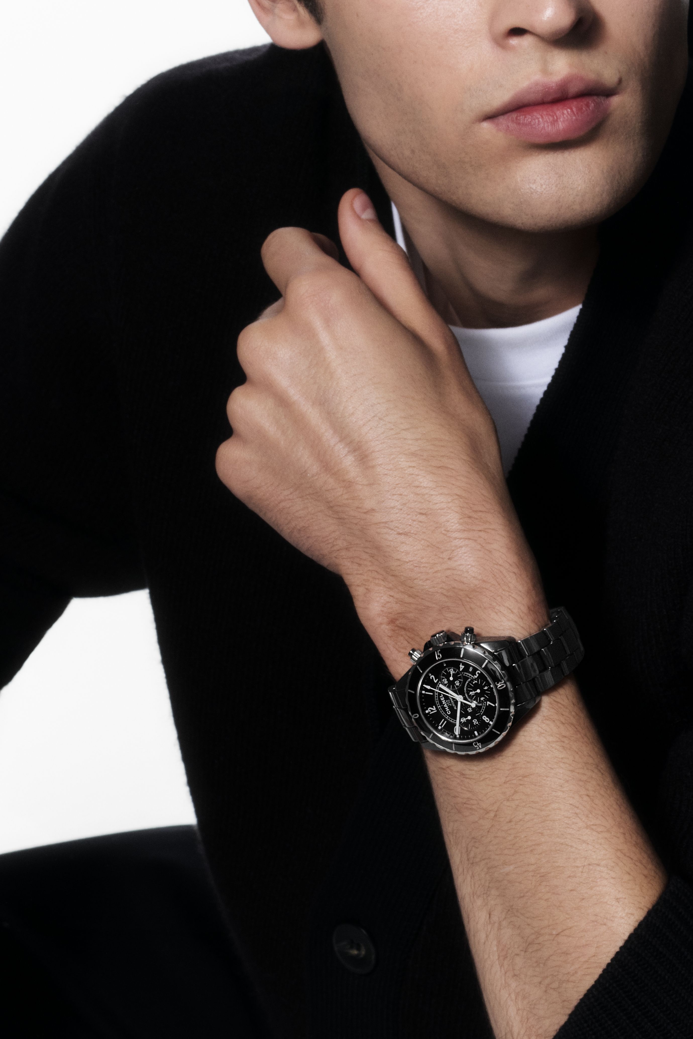 J12 Chronograph Watch, 41 mm - Black ceramic | CHANEL