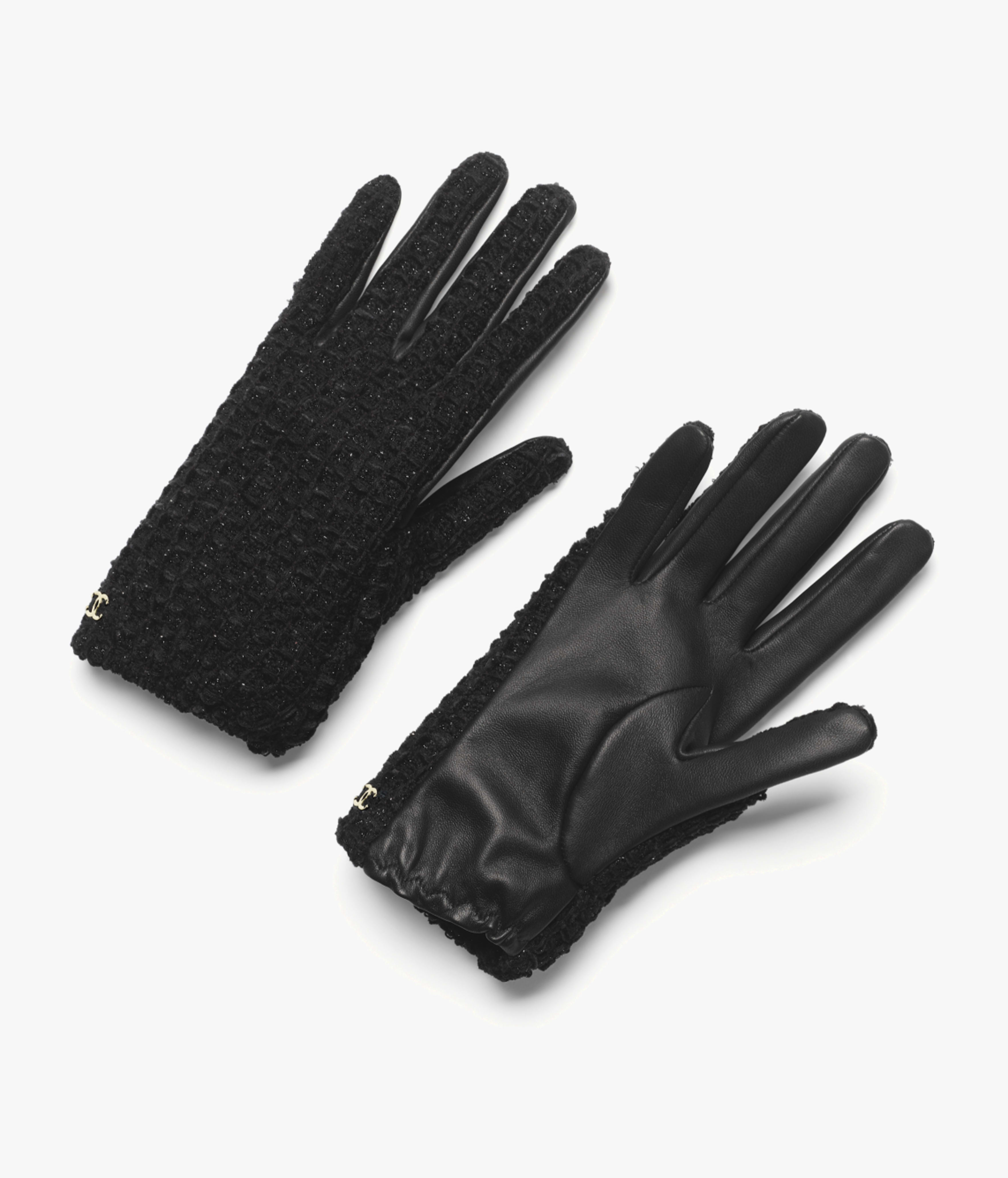 グローブ - ウール ツイード & ラムスキン、ブラック — ファッション