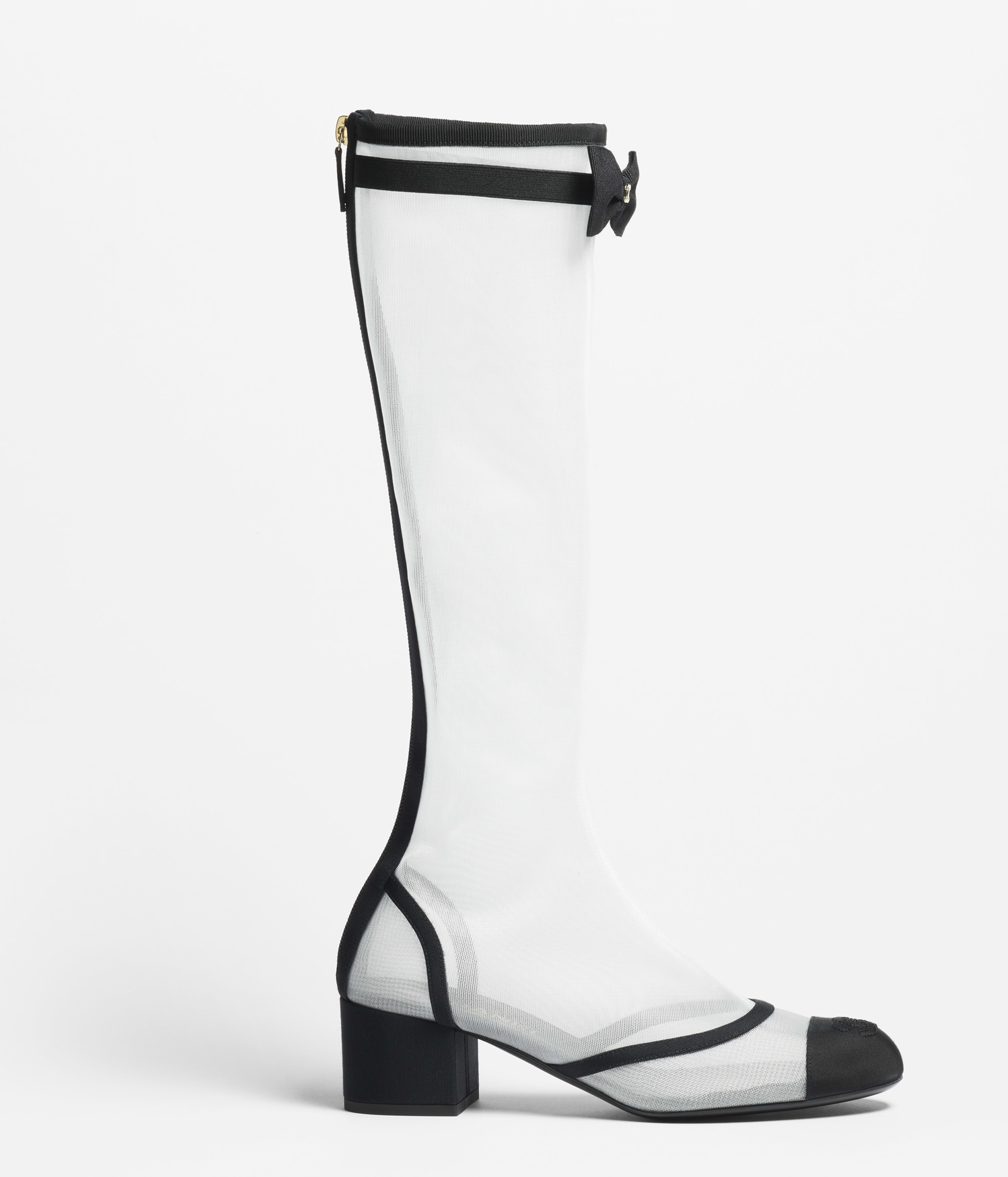 ロング ブーツ - メッシュ & グログラン、ホワイト & ブラック