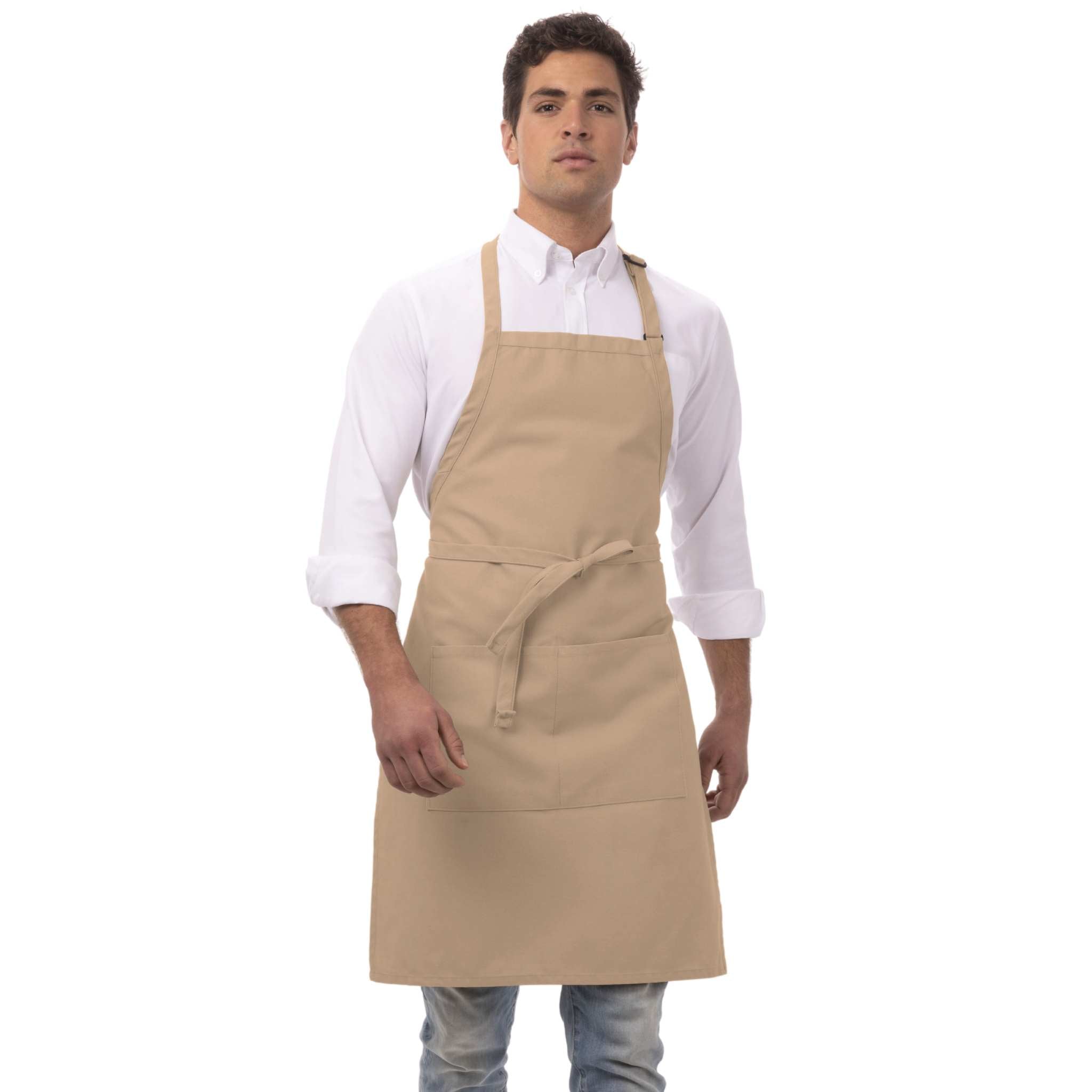 お手頃価格！ベージュカラーのシンプル胸当てエプロン｜Chef Works