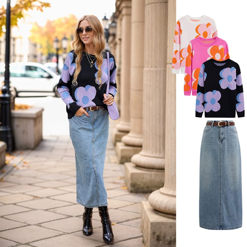 Flowering Day Jacquard Knit Sweater in Hot Pink - Boho Chic, Indie