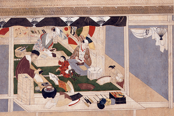 額装正絹染め江戸時代風俗絵「職人尽絵・機織図（しょくにんづくしえ