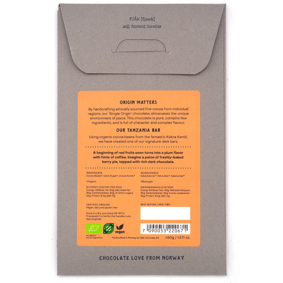 Fjak Tanzania 75% Single Origin Dark Chocolate Bar - 60g – Chocosphere