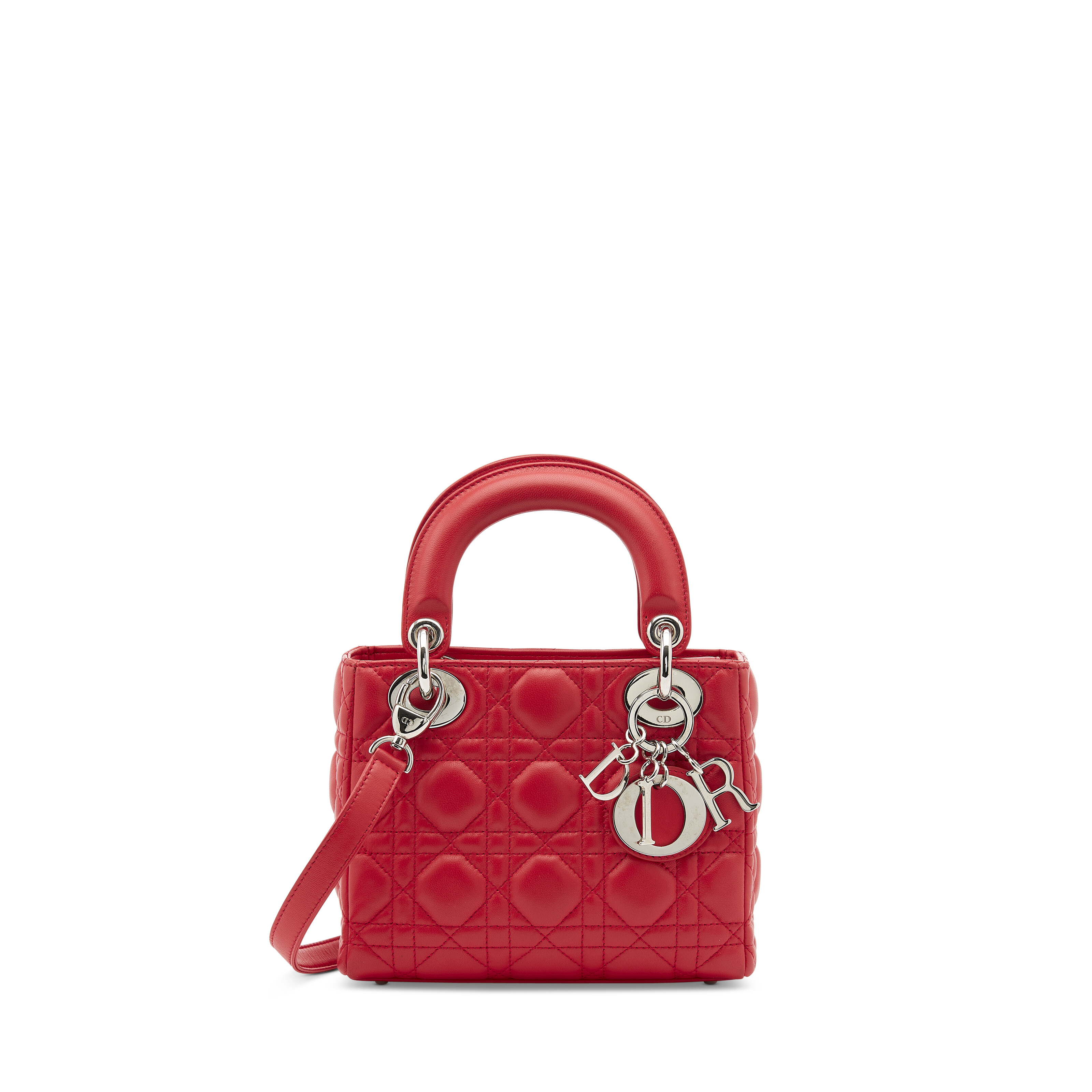 A BRIGHT RED CANNAGE LAMBSKIN LEATHER MINI LADY DIOR WITH SILVER