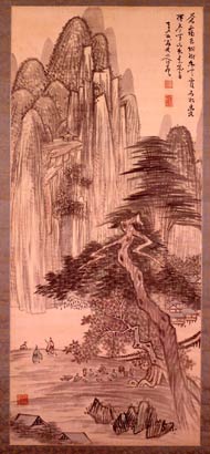 岡田米山人 溪谷幽居図 江戸時代中期 南画家 中国画 山水図 大阪 掛軸ZK02 岡田米山人 羅漢図 - 掛軸買取 古美術永澤