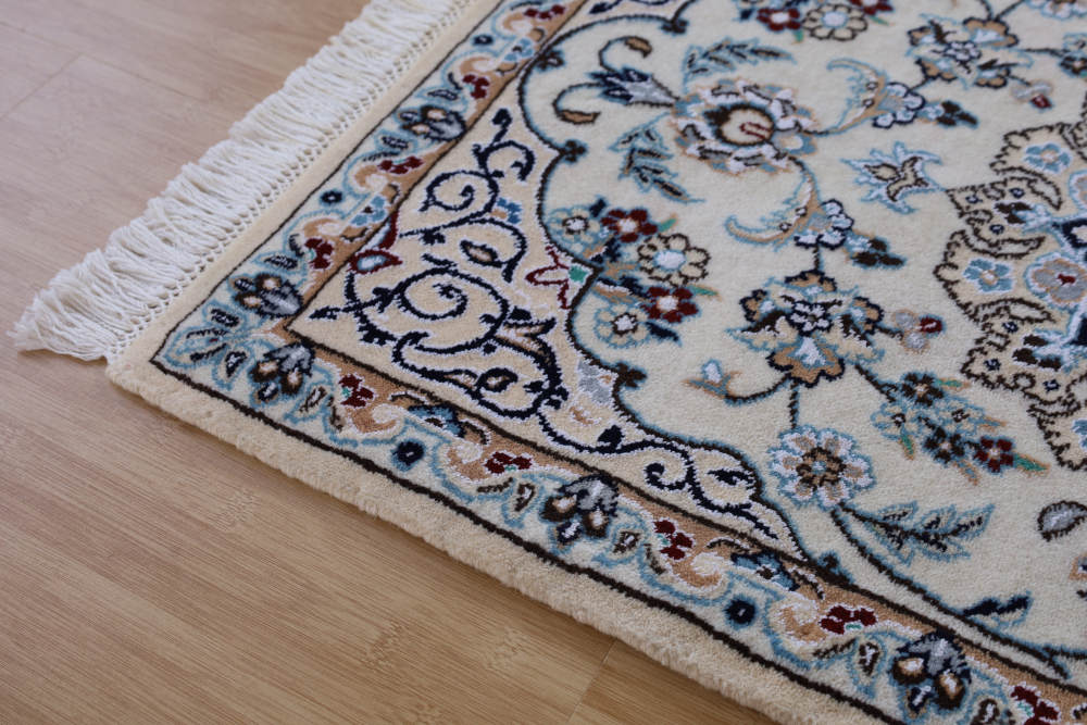 ペルシャ絨毯 ナイン産 白 玄関マット ウール＆シルク 9LA｜手織