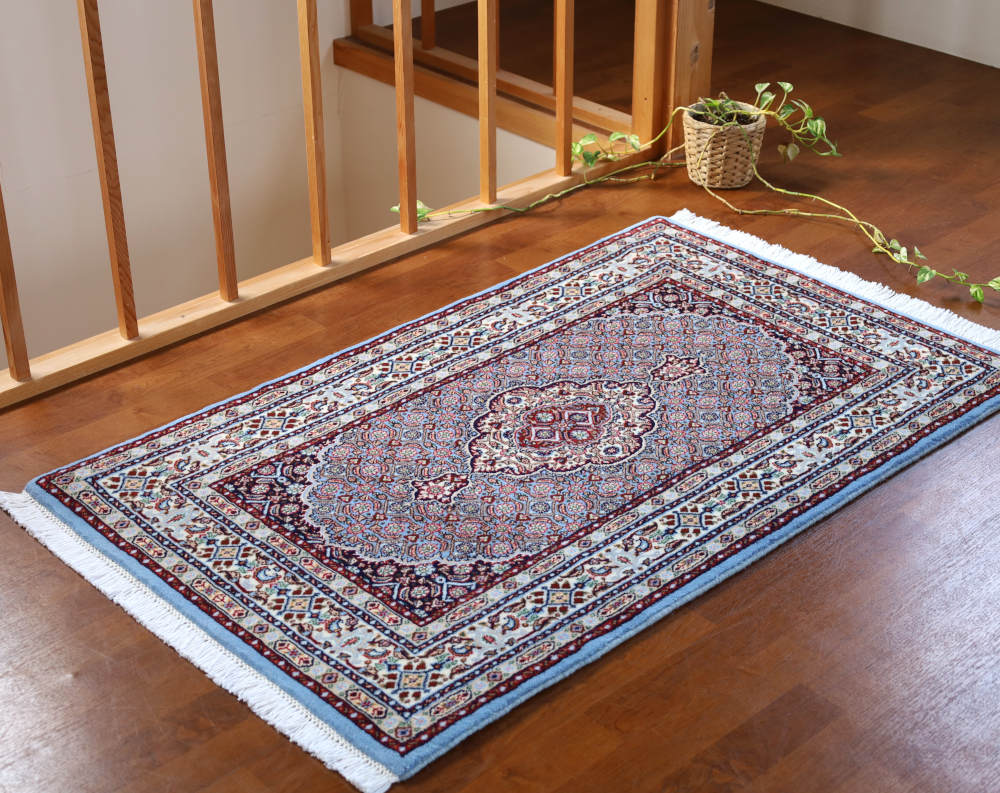 ペルシャ絨毯玄関マット ウール＆シルク 水色 イラン・ムード産