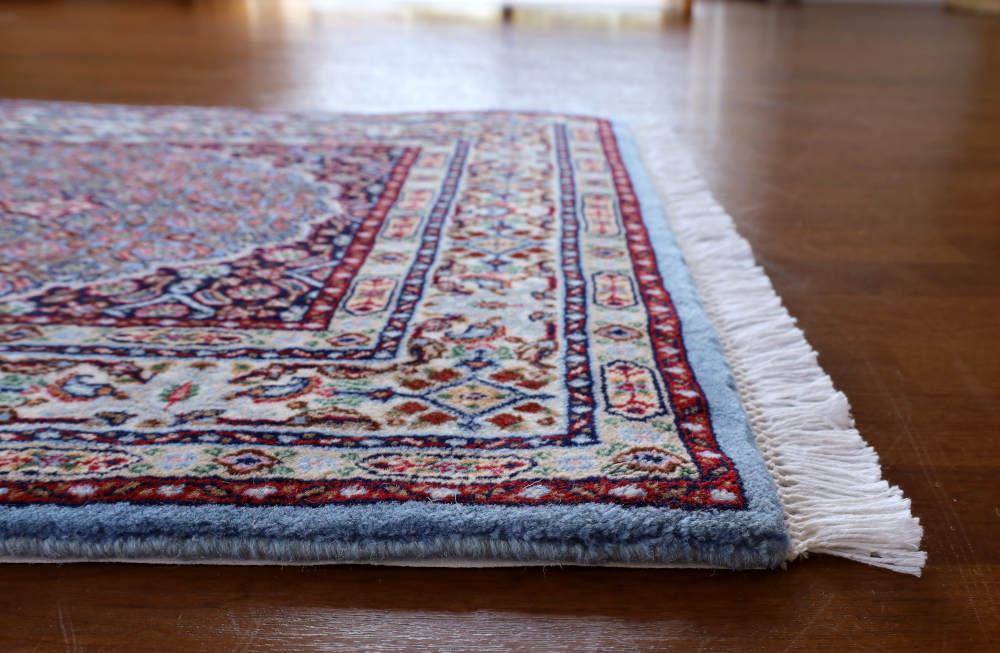 ペルシャ絨毯玄関マット ウール＆シルク 水色 イラン・ムード産