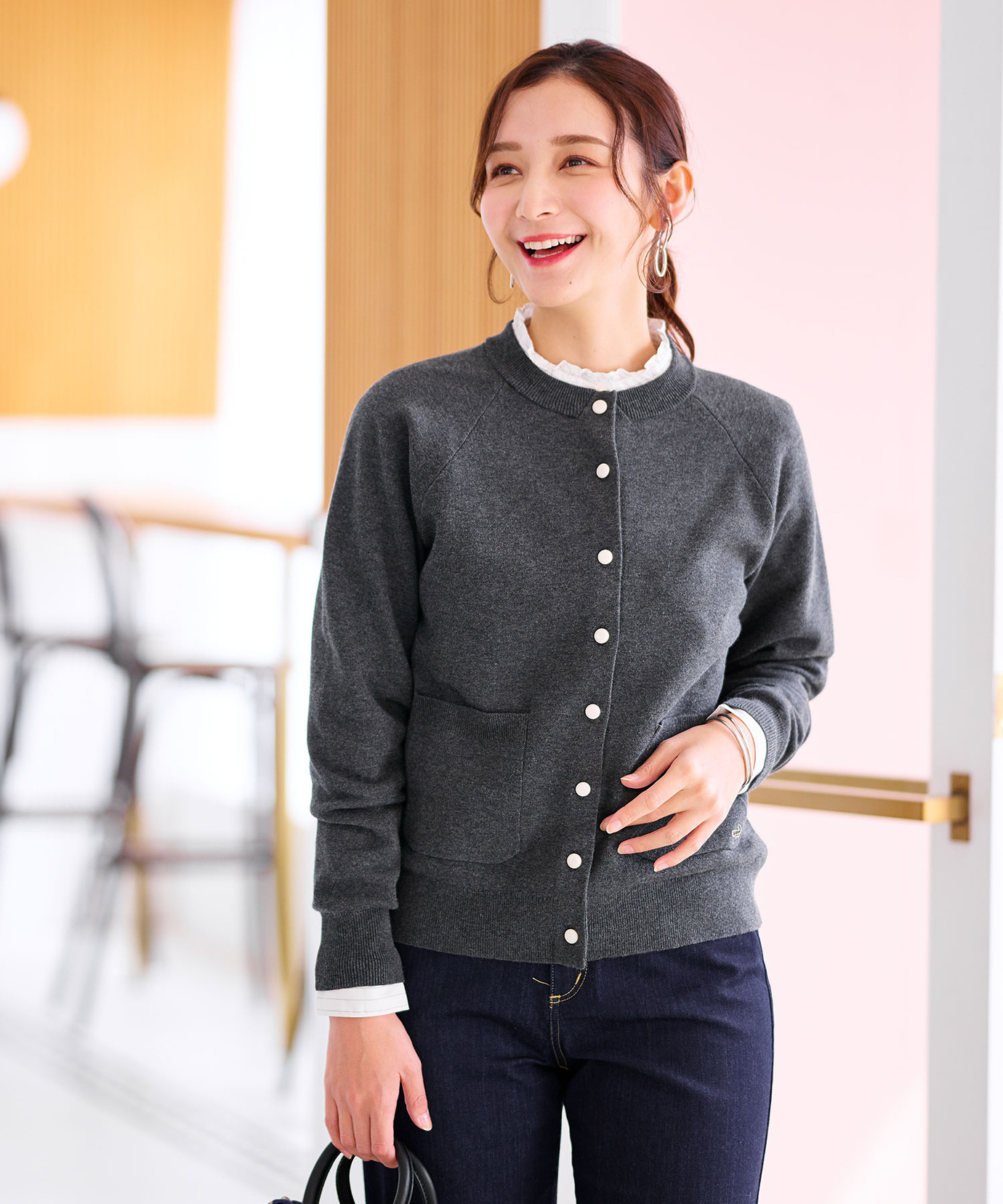 レディース クルーネック ダブルニット カーディガン【手洗いOK】通販