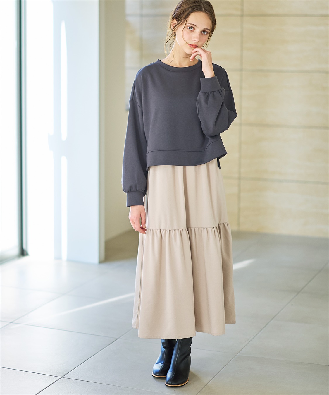 ダンボールプルオーバー×ティアードスカートドッキングワンピース