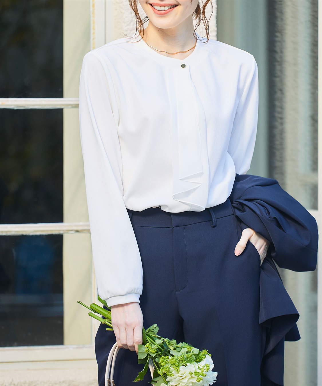 抗菌防臭・通気性》正解 シフォンフリルカットソーブラウス【CF/クロス