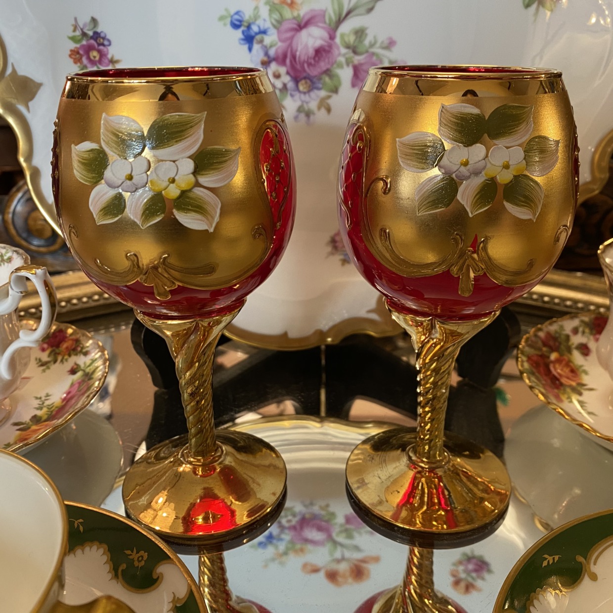 ベネチアガラス ワイングラス ペアセット 赤 イタリア製 | Antique Nanae