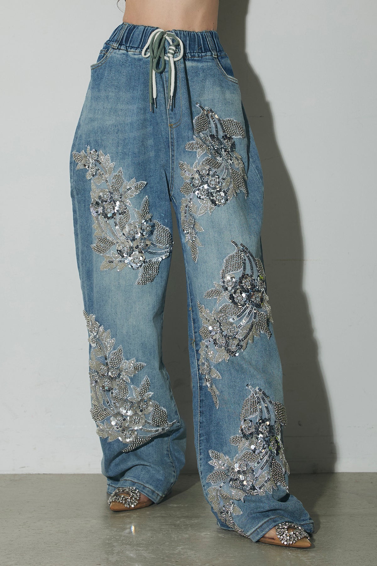 SET】ウエストレースアップブラウス+デニムビジュー刺繍パンツ