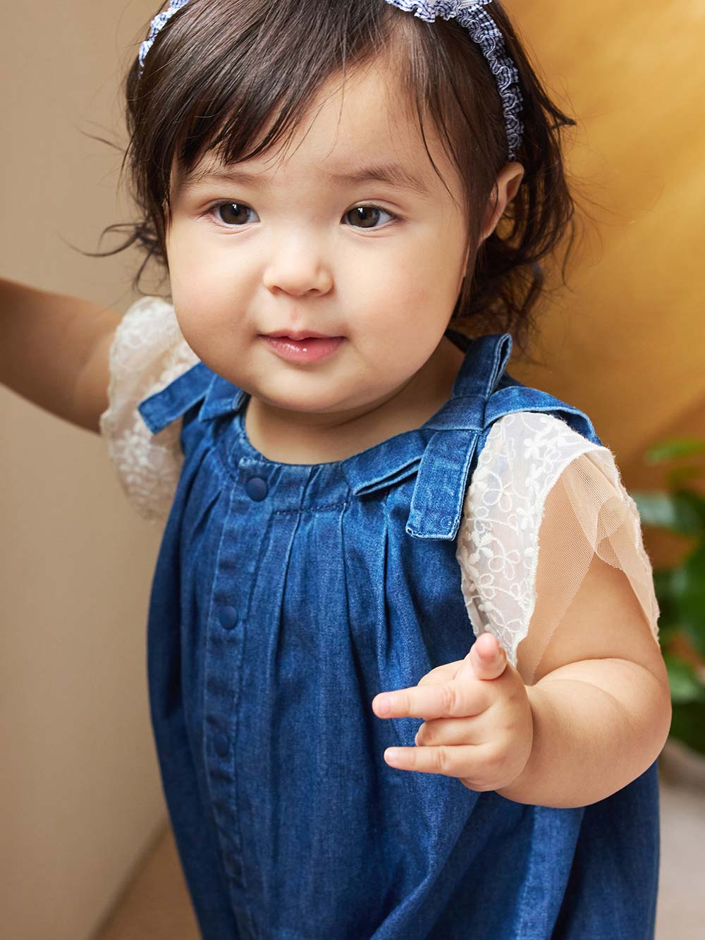 La Stella】リボンギャザーデニムロンパース | ロンパース