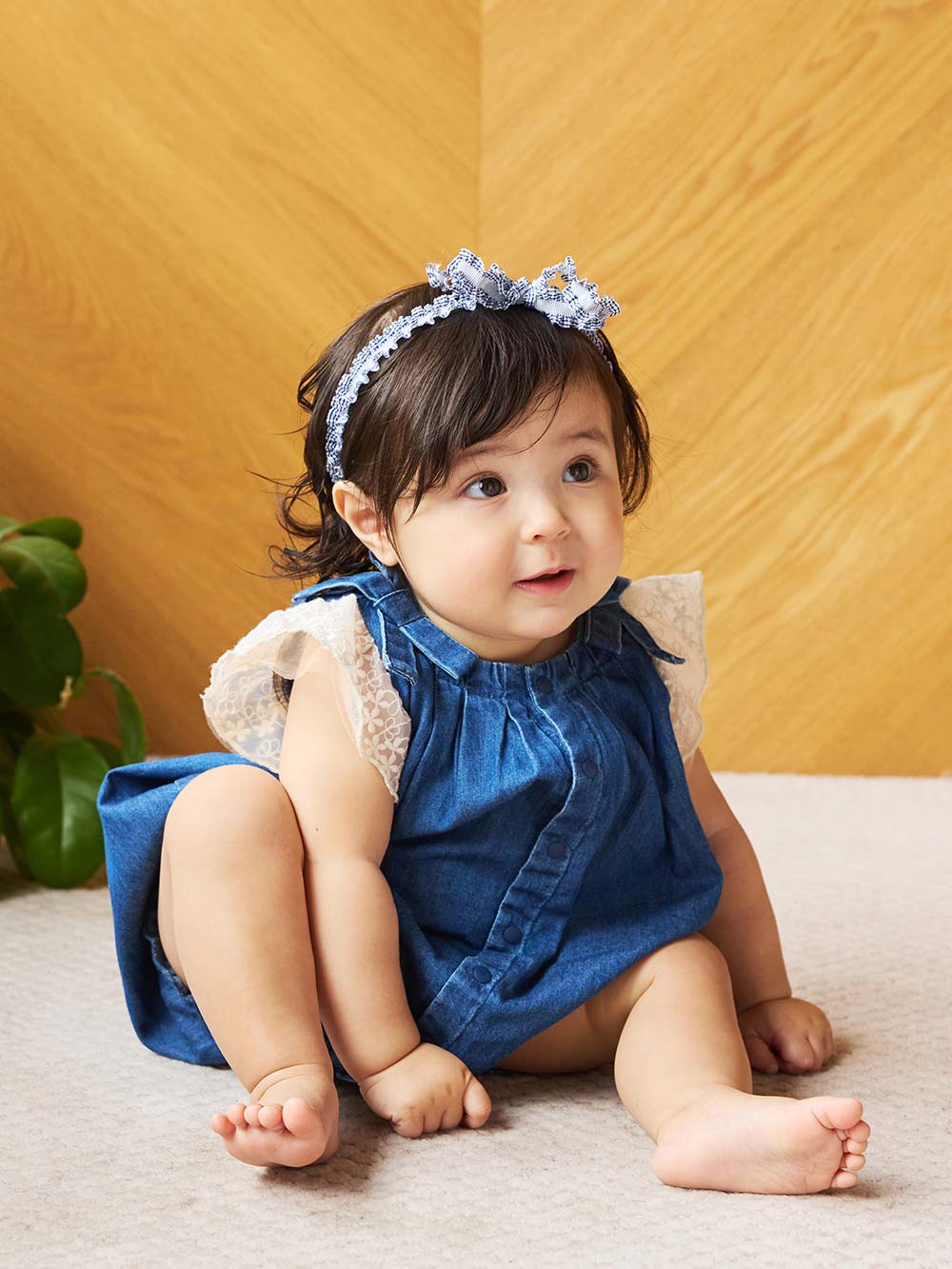 La Stella】リボンギャザーデニムロンパース | ロンパース