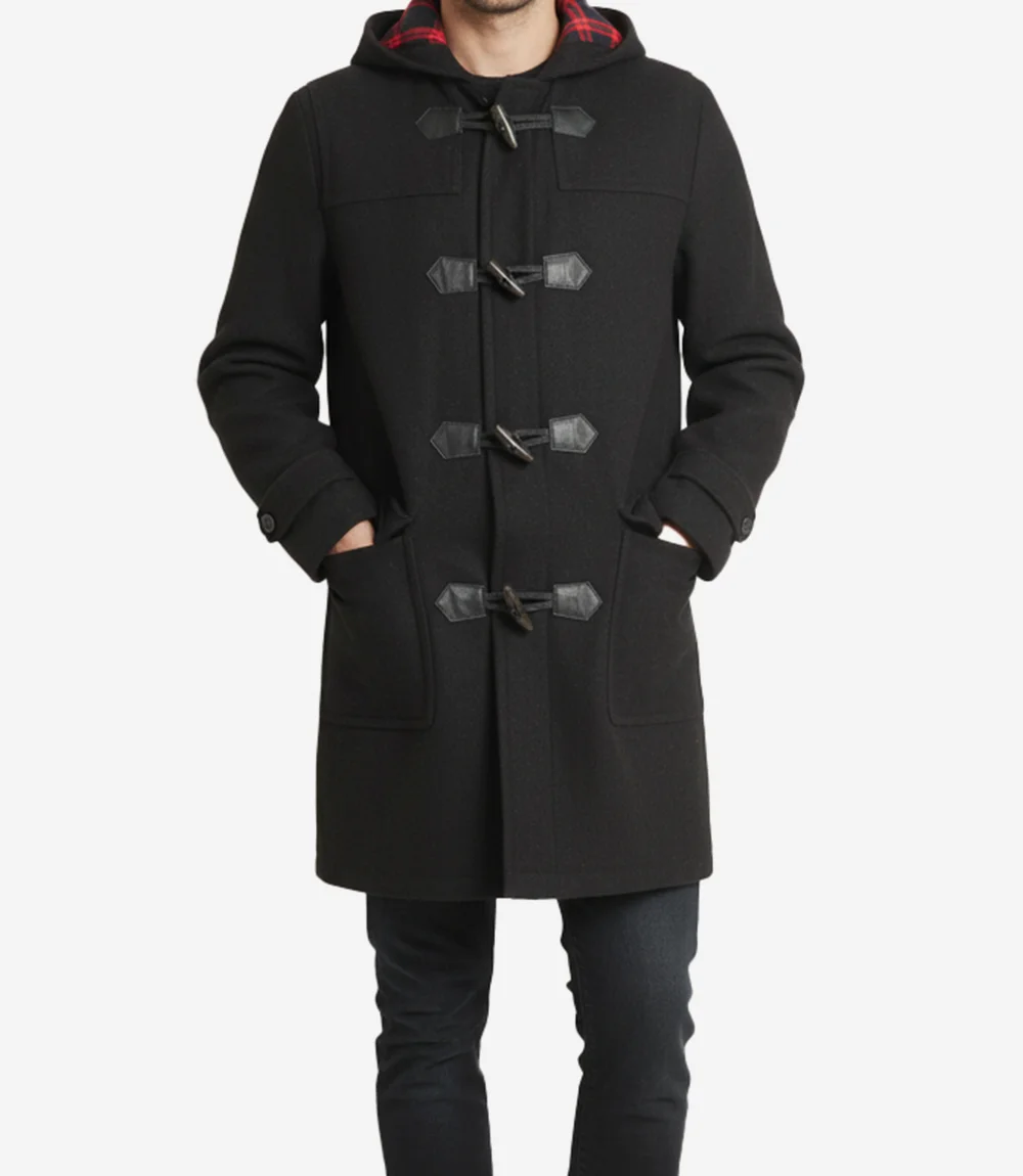 Men's Black Hooded Duffle Wool Coat | Winter Overcoat