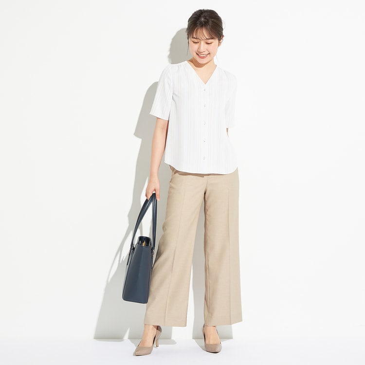 アウトレット】【夏向け】麻調 ベージュ ワイドパンツ セットアップ