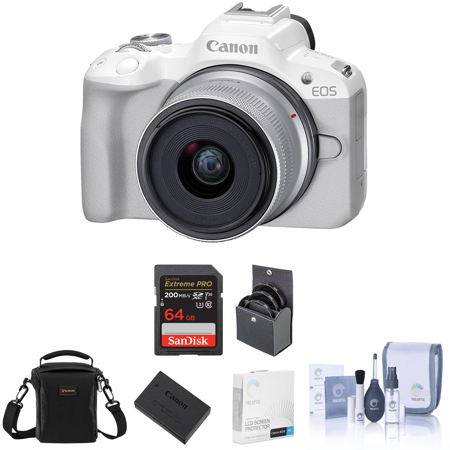 Canon EOS R50 Camera, White with RF-S 18-45mm f/4.5-6.3 Lens and