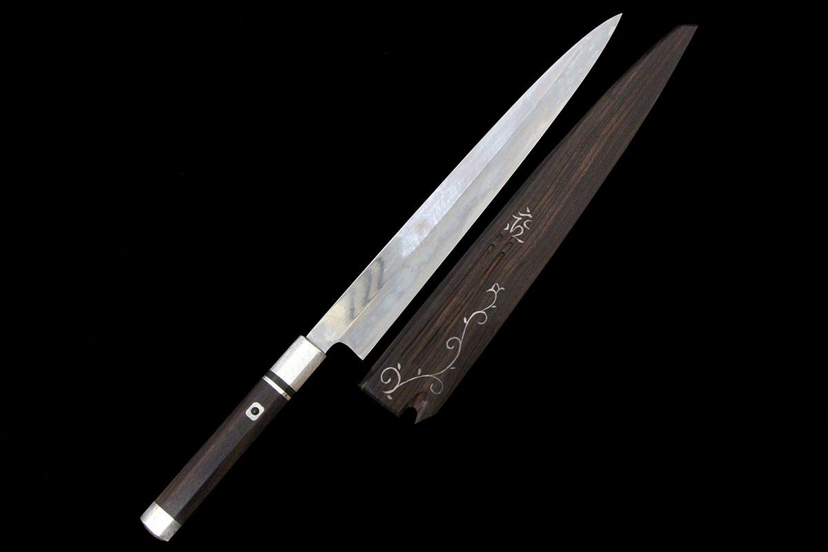 柳刃包丁 本焼 尺一 上下純銀黒檀柄 目釘留 黒檀鞘付 KN02-A8603-2L3D