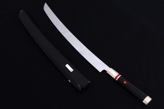 先丸蛸引包丁 尺三 本焼 V金10号 両鏡面 上下純銀 黒檀八角柄 目釘留