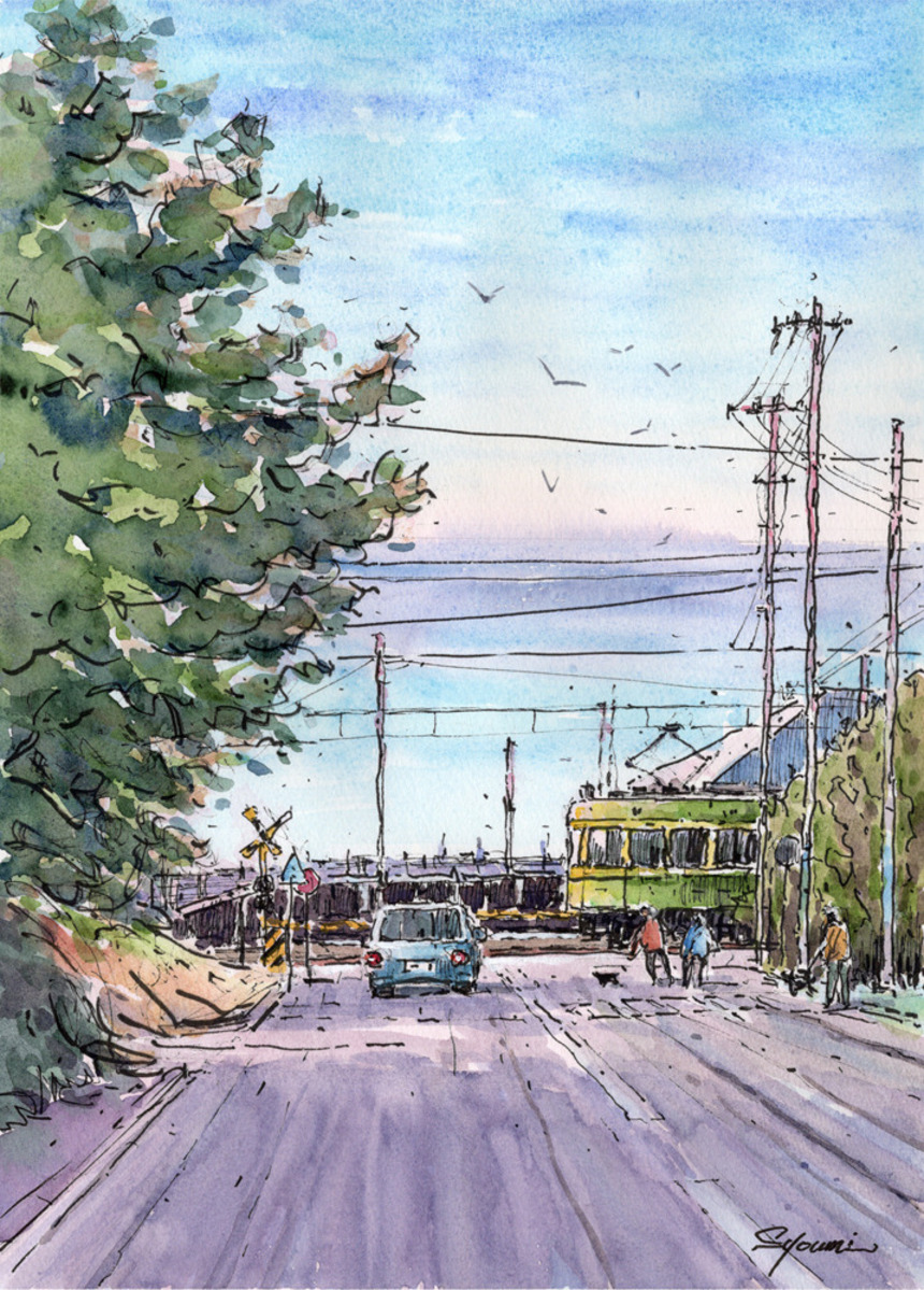 水彩画原画 江の島と江ノ電鎌倉高校前踏切風景 #623」 by syoumei