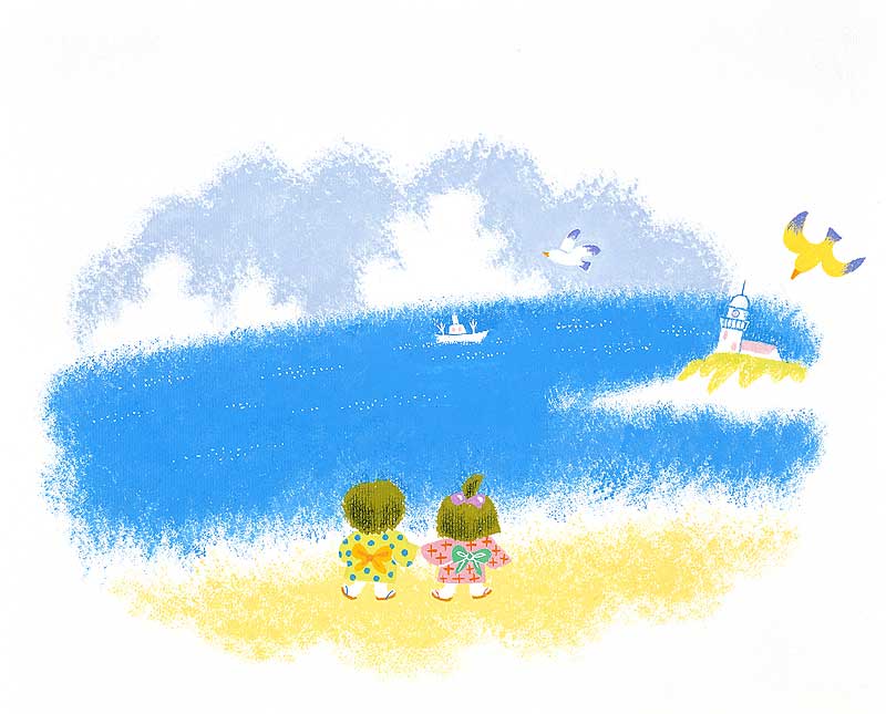子供イラスト 水平線を眺める後ろ姿の童