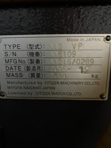 Used Citizen Cincom A12 VP Swiss Type CNC Lathe For Sale (2005