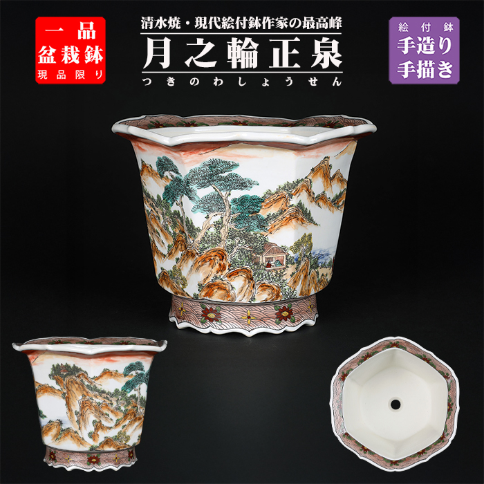 月之輪正泉五彩山水図輪花縁六角鉢 | 盆栽、盆栽書籍、盆栽鉢の通販