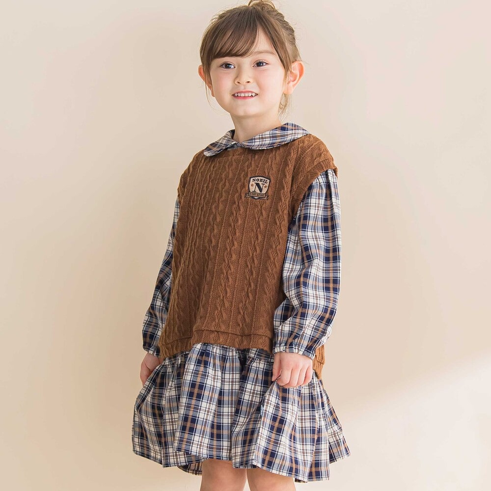 お揃い】タータンチェックワンピース＋ケーブルジャガードベストセット