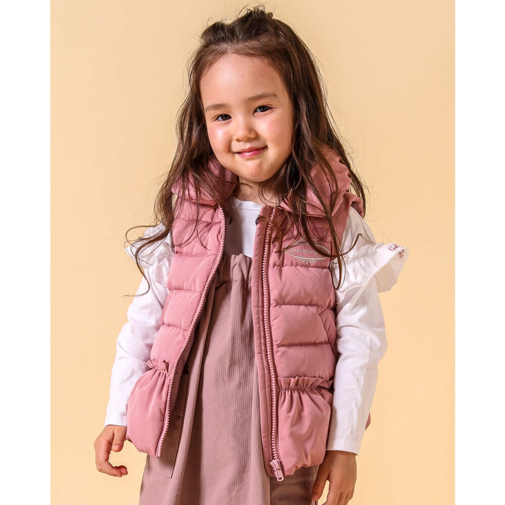 撥水加工 】 ギャザー 襟 フリル ポケット 付 タフタ ダウンベスト(90