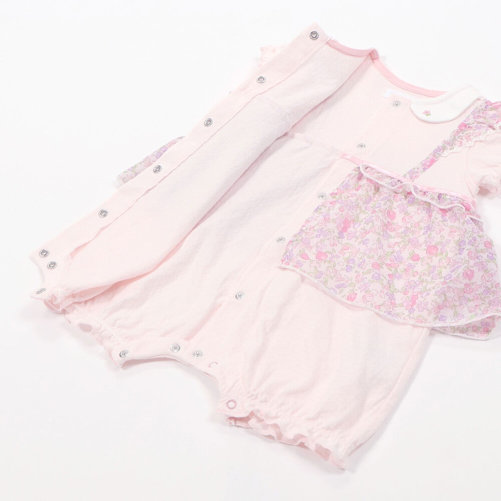 シフォン花プリントレーシーカバーオール(70~80cm)(70cm ピンク系