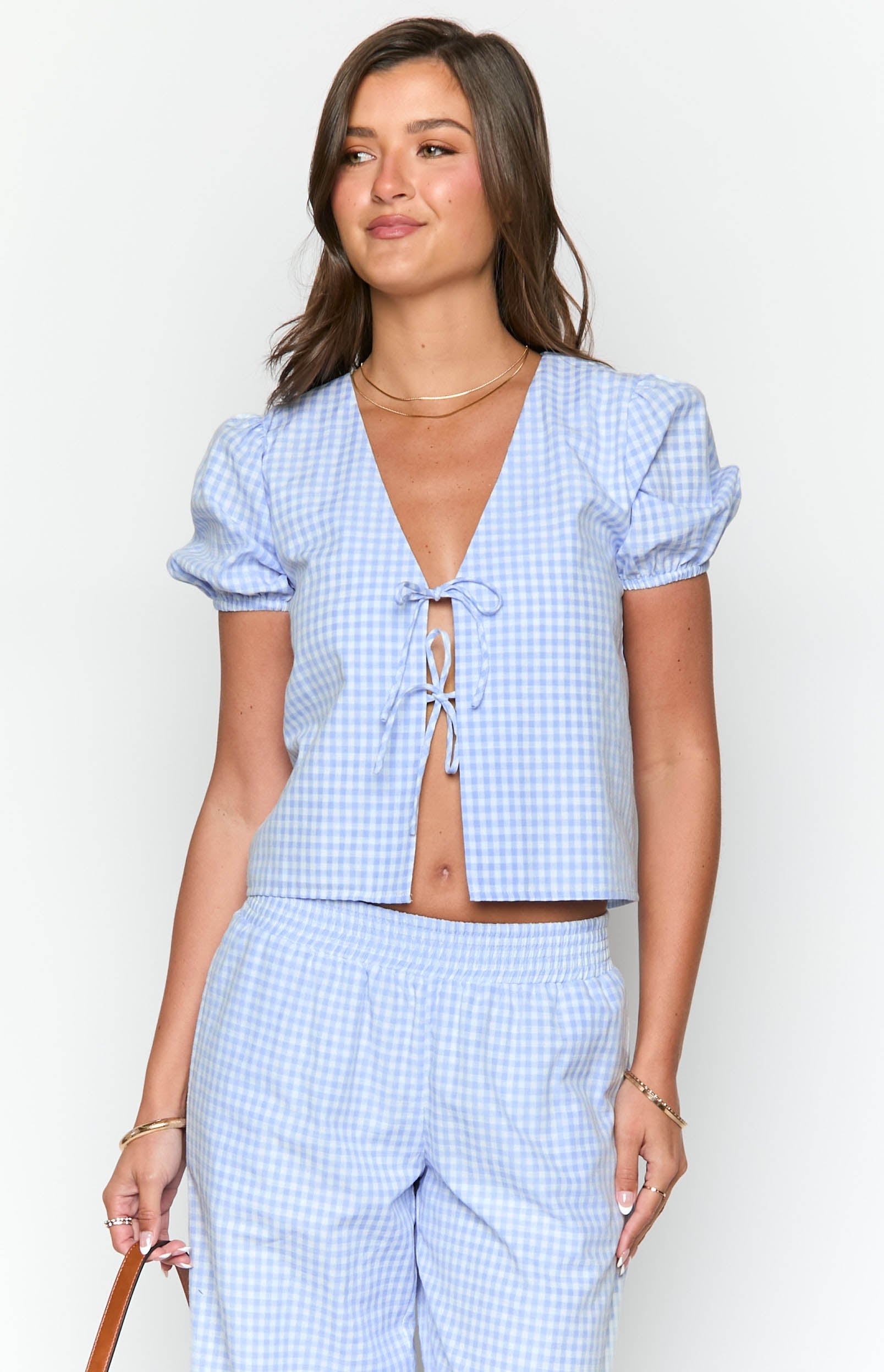 Lunya Blue Gingham Tie Up Top | Beginning Boutique US