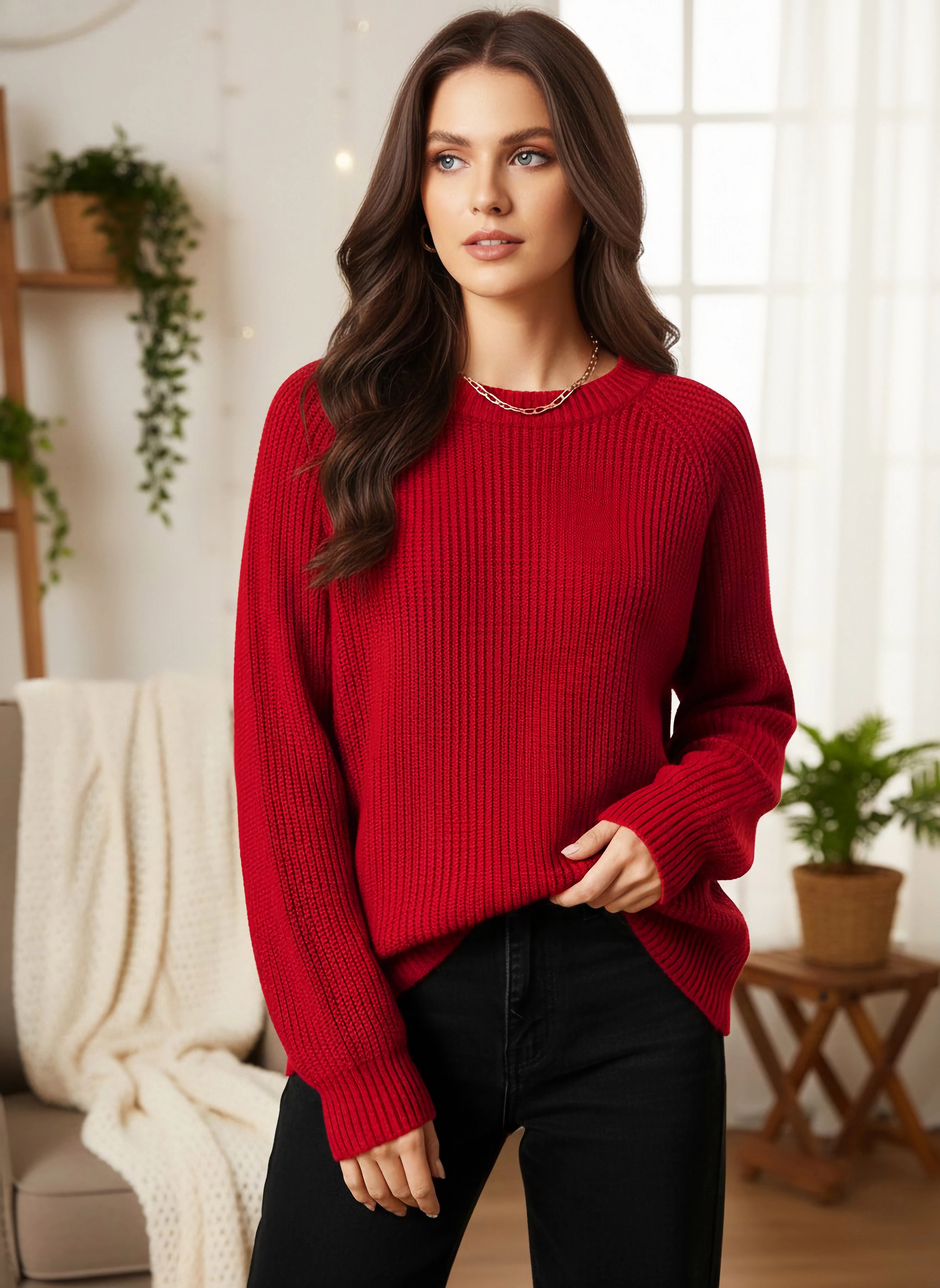 Women Solid Red Round Neck Raglan Sleeve Acrylic Curved Hem