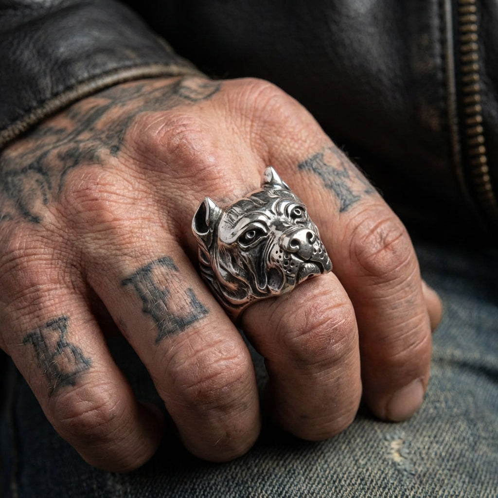 ピットブルリング – 925 スターリングシルバー 犬の頭部ジュエリー