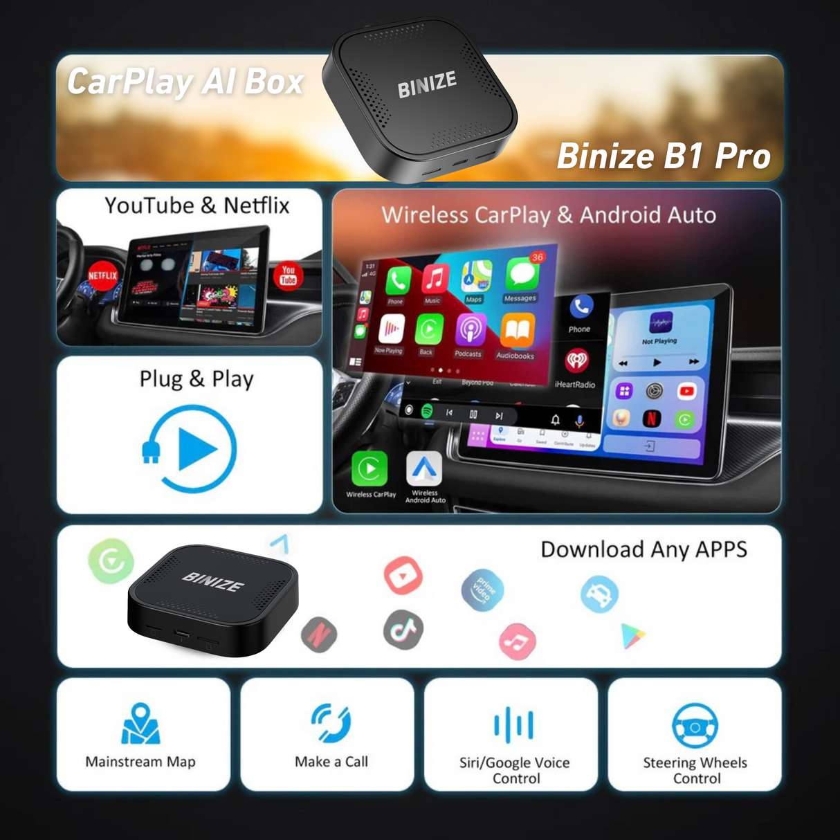 Binize B1 Android 13 CarPlay AI BOX for OEM Car with Wired CarPlay/And
