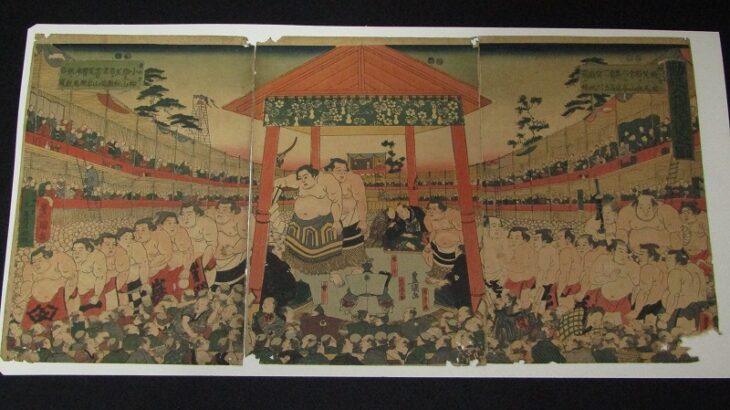 初代 歌川国貞 豊國画「勤進大相撲土俵入之図」三枚続 相撲 錦絵