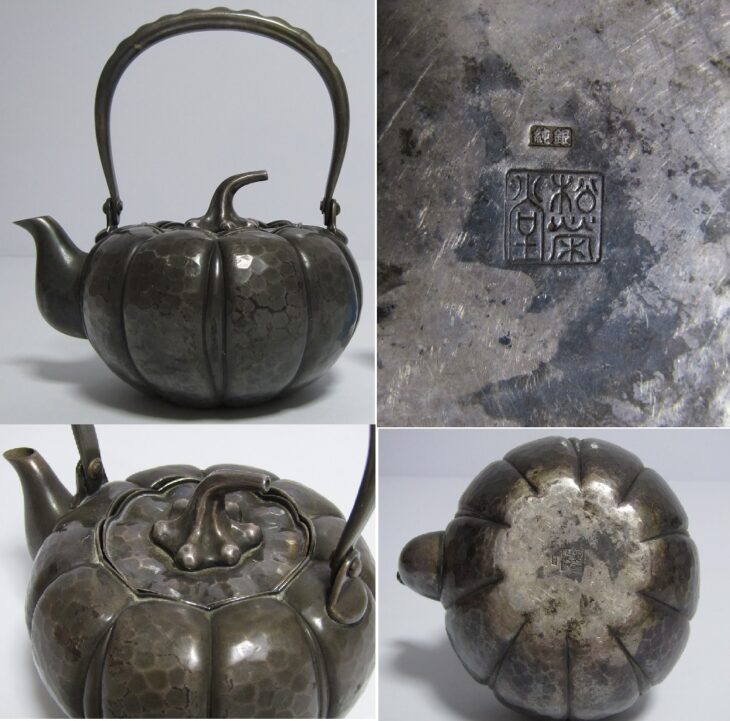 いぶし銀 鎚目 銀瓶 燻し銀瓶 煎茶道具 銀瓶 いぶし銀 槌目 燻し銀瓶 峰斎