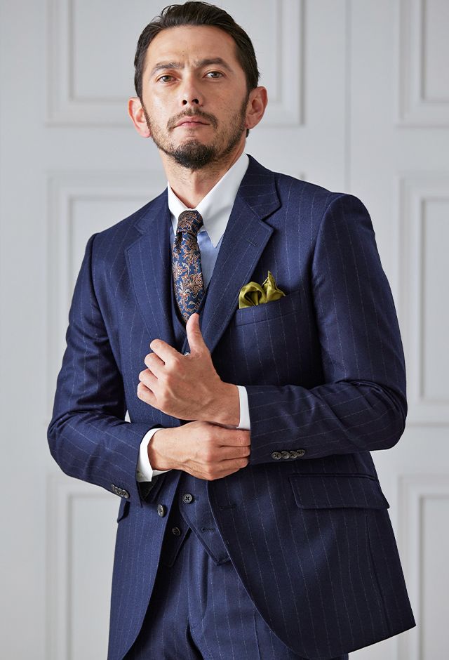 ネイビースーツ・ストライプのコーディネート（MARZOTTO）｜85712-9590