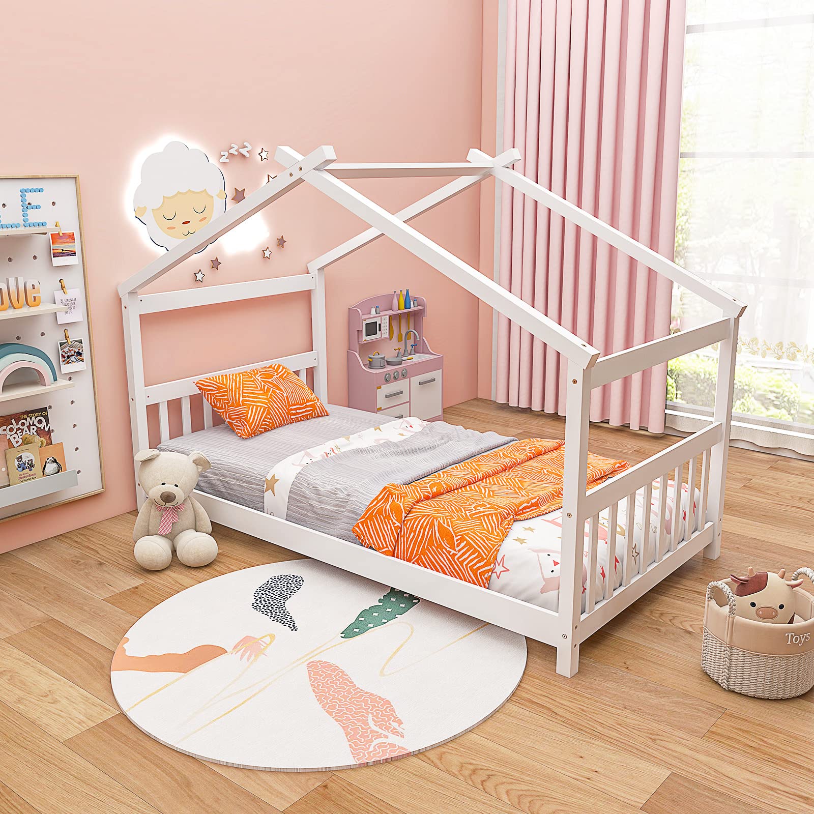 Giantex House Bed Twin, Solid Wood Kids House Bed with Roof