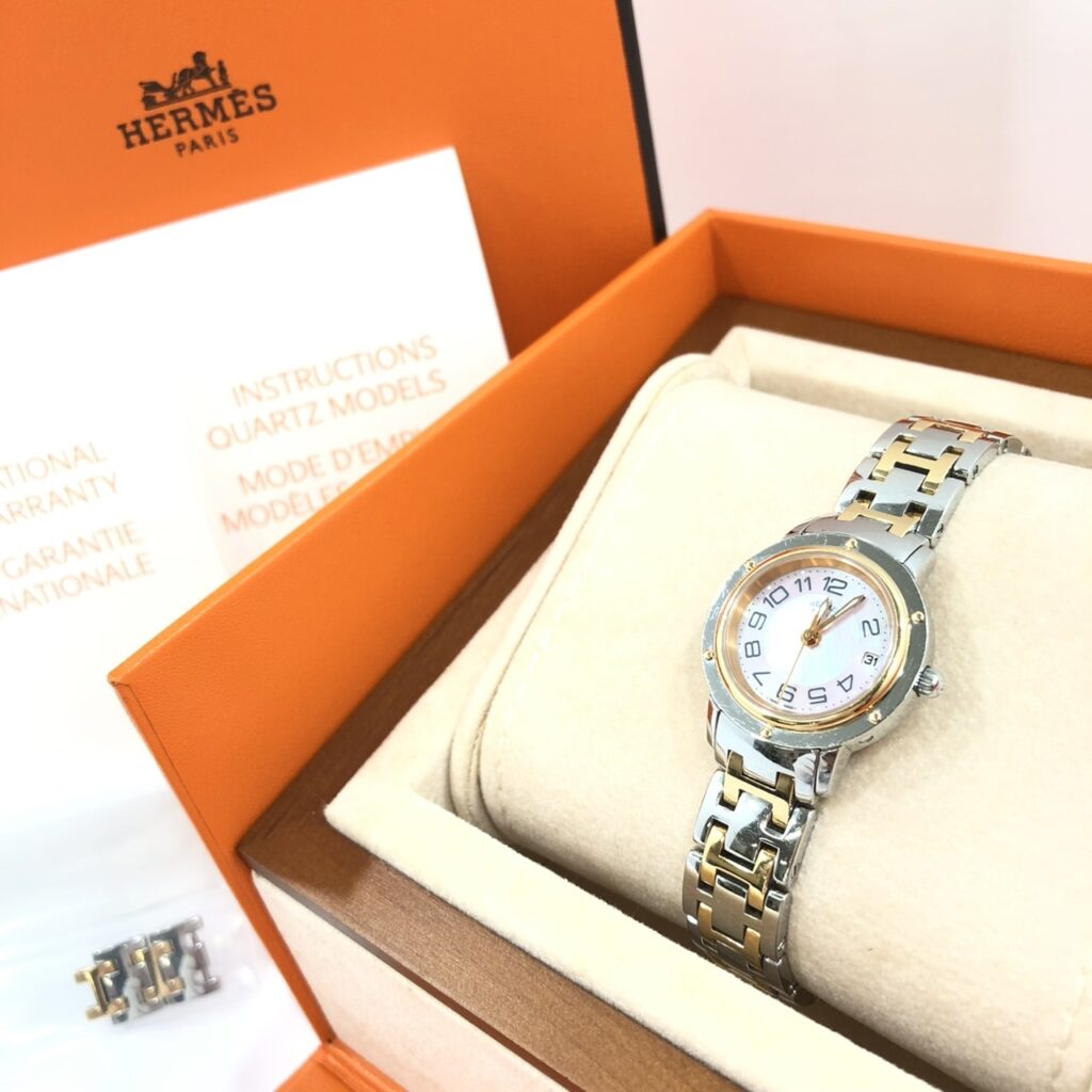 HERMES エルメス クリッパー クラシック デイト ピンクシェル文字盤