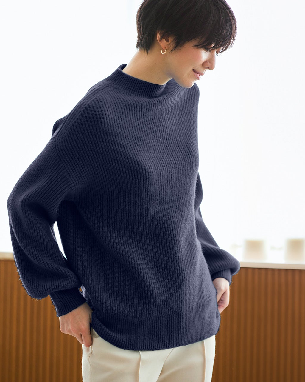 ストレッチリブ・片畦ハイネックセーター/DoCLASSE
