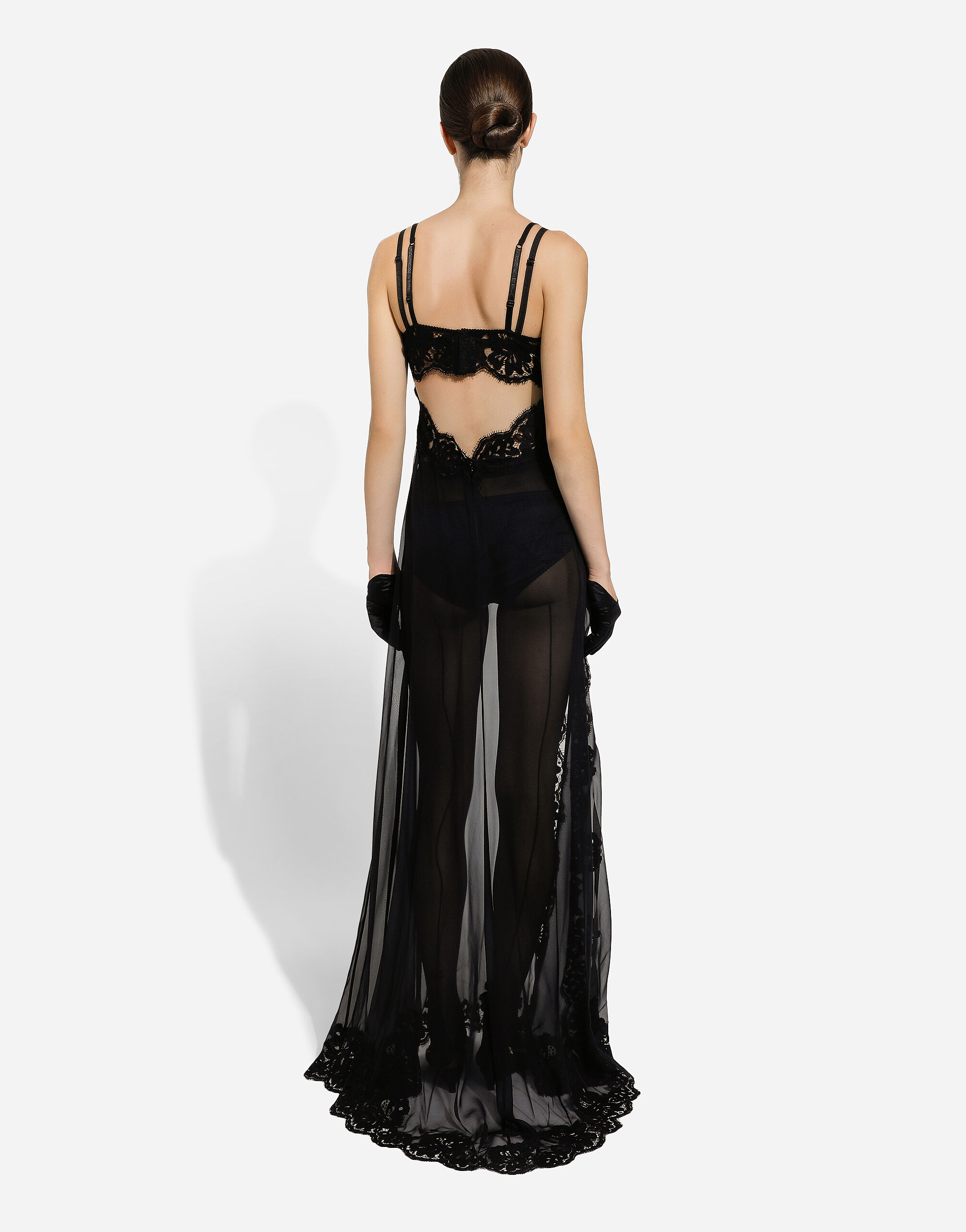Long silk chiffon and Chantilly lace slip dress in Black for Women