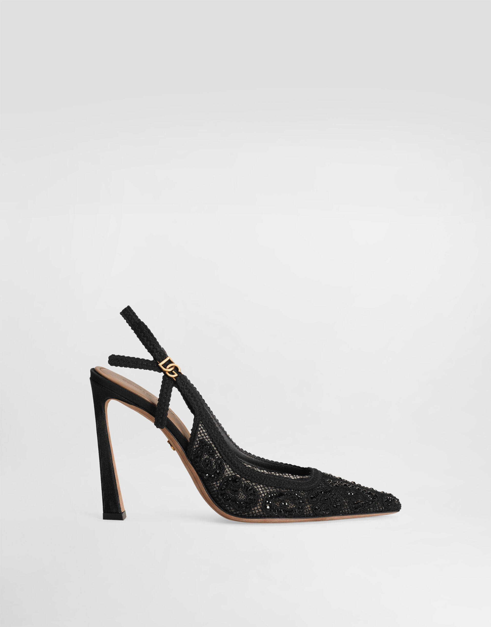 Leopard-design lace slingbacks with fusible rhinestones in Black