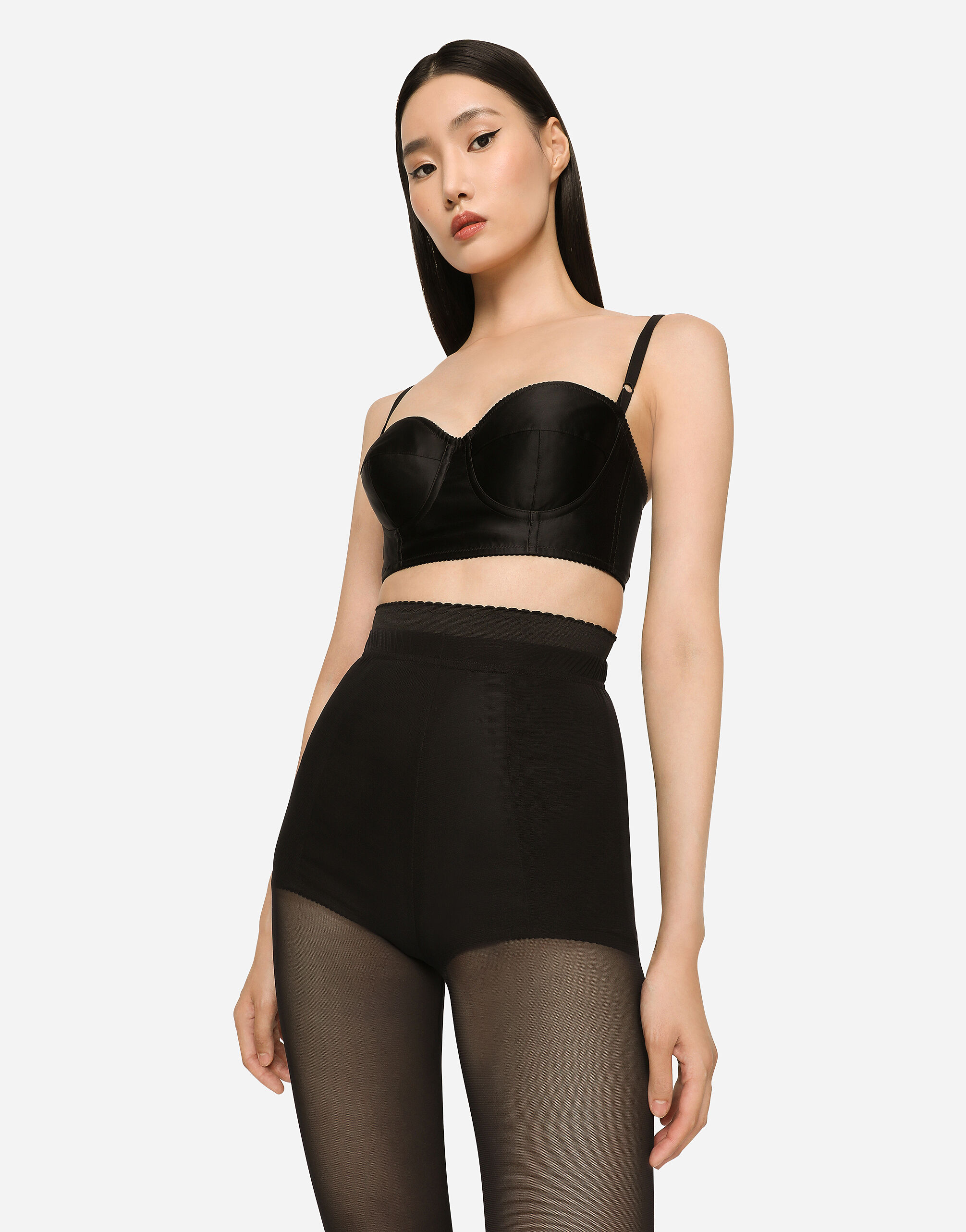 Short satin and marquisette corset in Black for Women