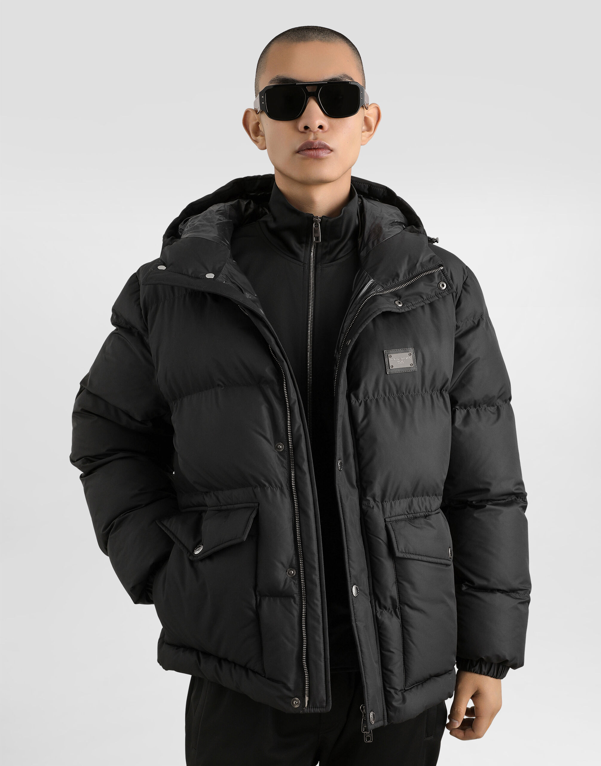 Nylon down jacket with hood and branded tag in Black for Men