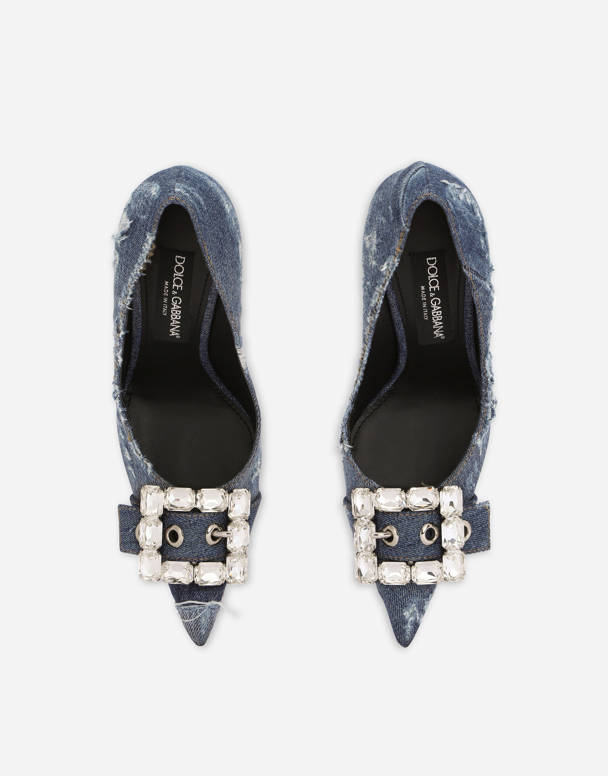 ブルーのウィメンズ Patchwork denim pumps with rhinestone buckle