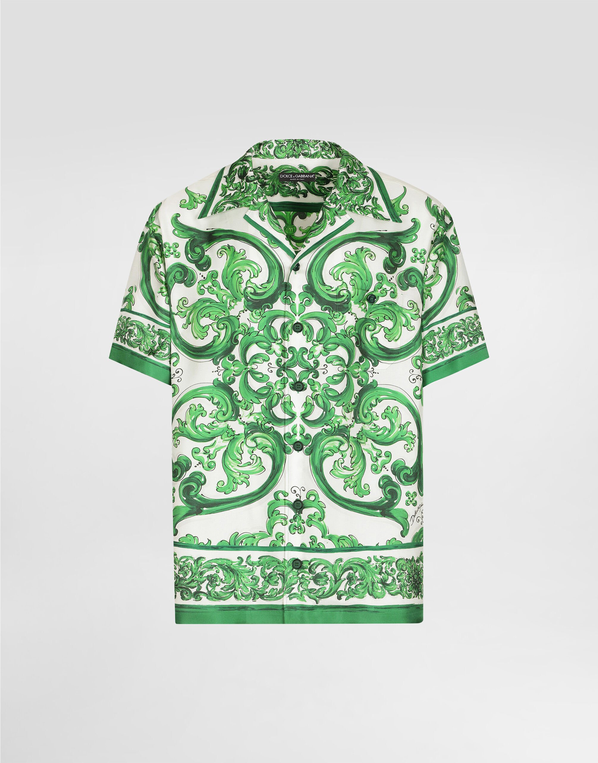 Silk twill Hawaiian shirt with majolica print in Print for Men